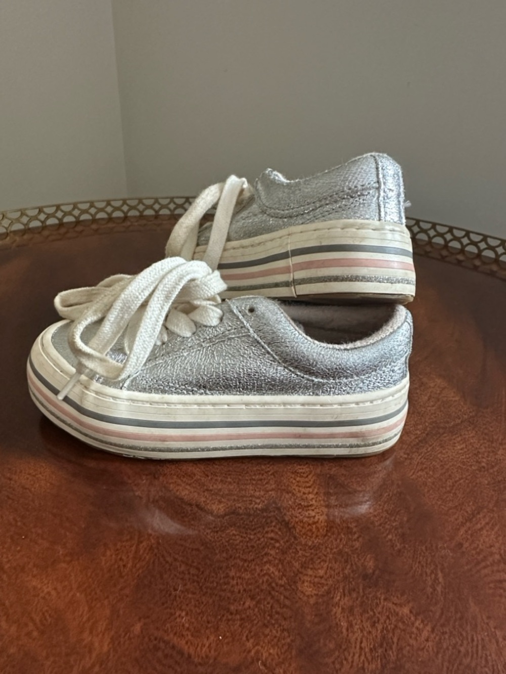 Zara Silver Metallic Platform Lace-Up Sneakers with Pink Stripe